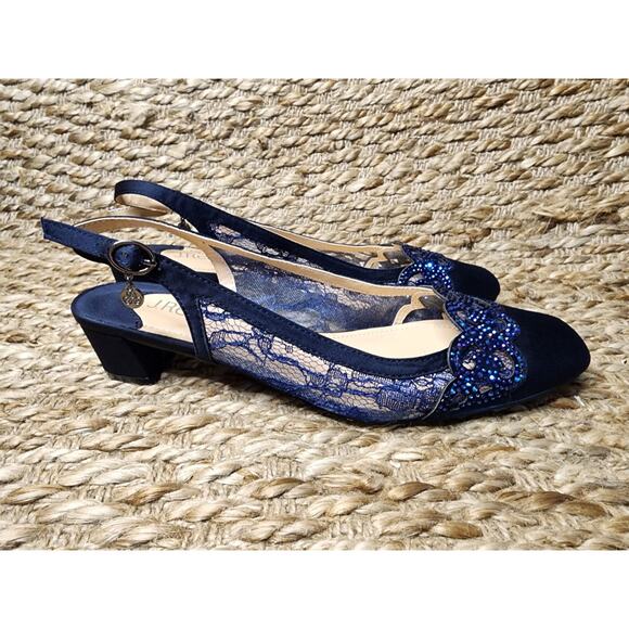J. Renee Women’s 8.5M Faleece Lace/Satin/Sequins Slingback Heels Navy Blue - Picture 1 of 11